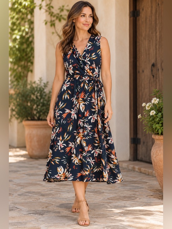 Hail3Y:23 Dresses & Skirts - Sleeveless Floral Faux Wrap Midi Dress - Navy